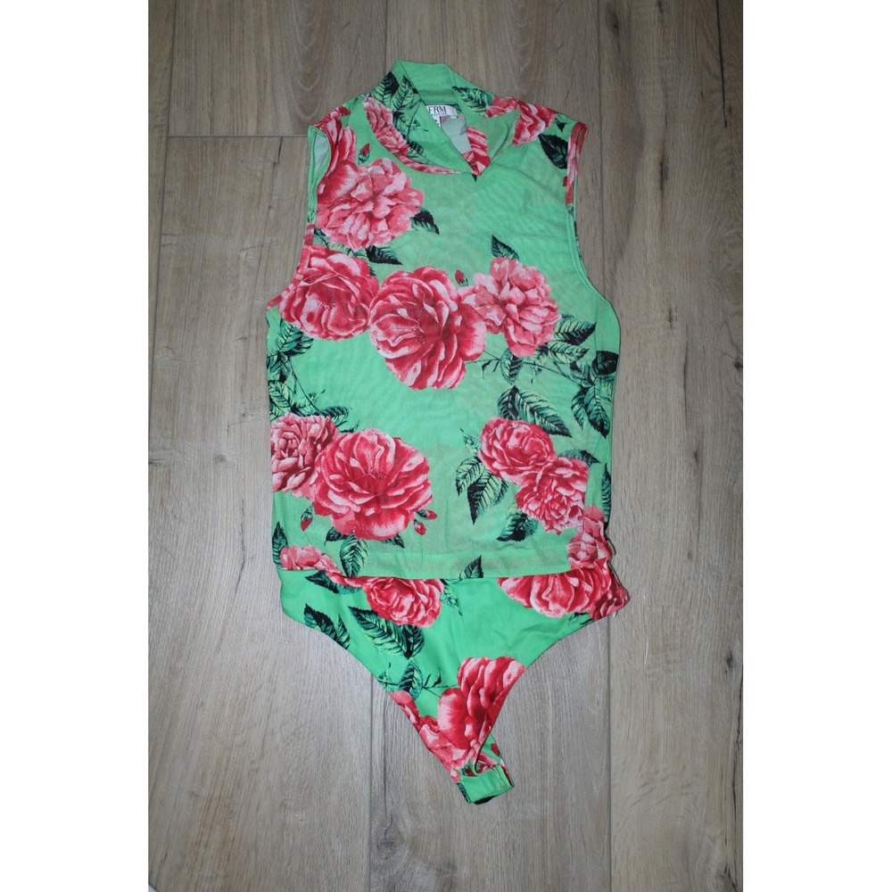 AFRM Los Angeles Green Red Floral Rose Mesh Mock Neck Sleeveless Bodysuit M